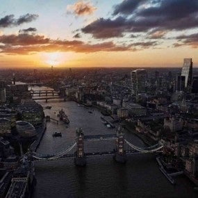 Tower Bridge and financial district at sunset